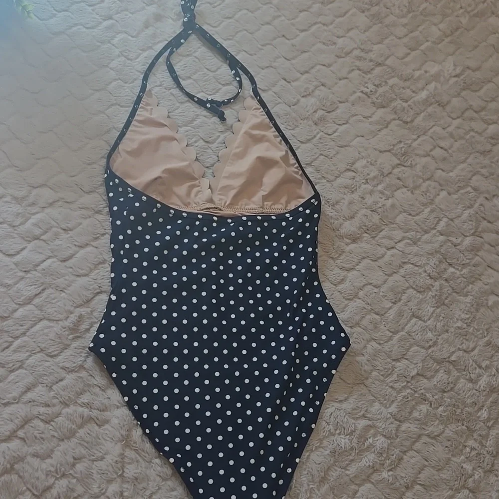 J. Crew Navy Blue Polka-Dot Scalloped Plunge V-Neck One Piece Swimsuit, XS
